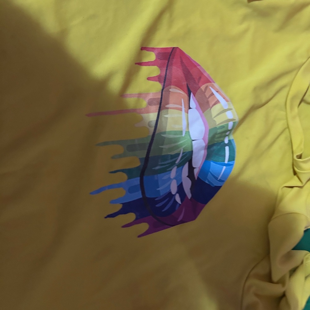 Vibrant Yellow Tee with Rainbow Lips Graphic